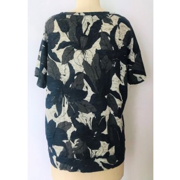 ZARA NAVY GRAY BEIGE LINEN LEAF PRINT SHORT SLEEVE T-SHIRT MEDIUM - Picture 7 of 8